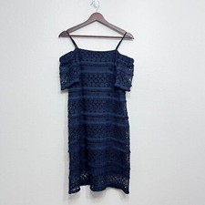 Tahari Arthur S Levine Lace Dress Size 6 Women's Navy Blue Fringe Cold Shoulder