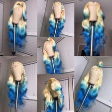 Long Body Wave Blue Wig Ombre Blue Blond Wig T Lace Front Wig Glueless for Women