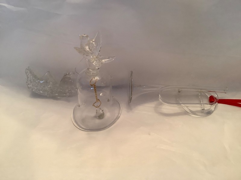 Clear Glass Christmas Ornaments, Lot of 3, Bell, Horn &Angel.