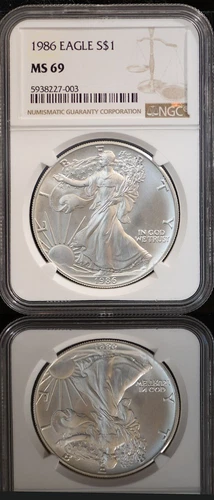 1986   $1 American Silver Eagle S NGC MS69 Brown Label
