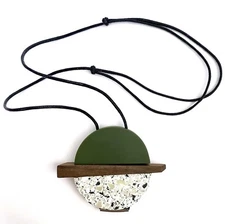 Green Gray Terrazzo Resin & Wood Circle Pendant Necklace 15"-30" Adjustable Cord