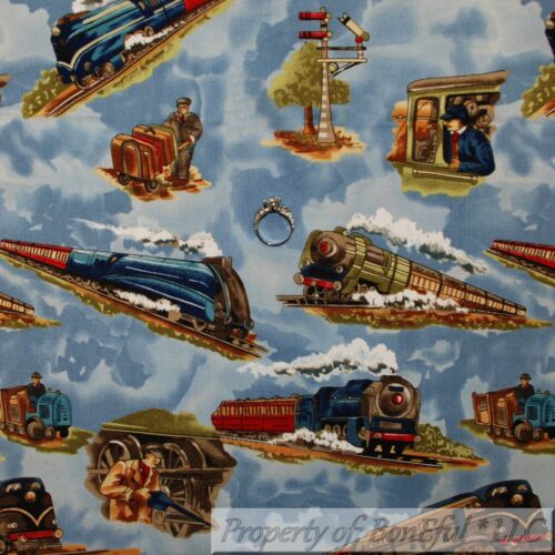 BonEful FABRIC FQ Cotton Quilt VTG Blue White Cloud Sky Red Railroad Train Car S - Picture 1 of 12