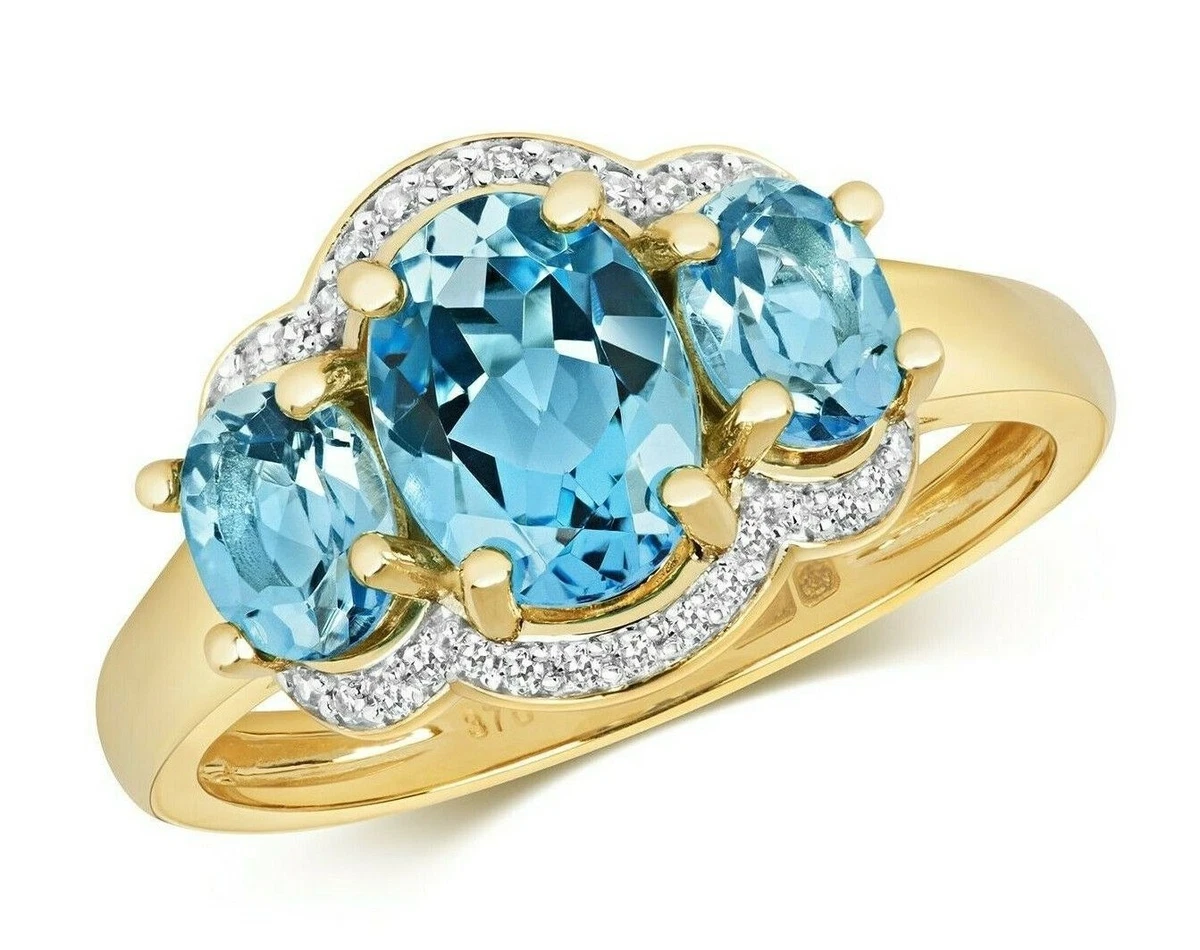9ct Yellow Gold Blue Topaz and Diamond Ring Three Stone Trilogy