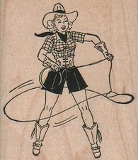 Cowgirl Spinning Lariat 2 1/4 x 2 1/2" Rubber Stamp, Cowgirl Stamp, Western Stam