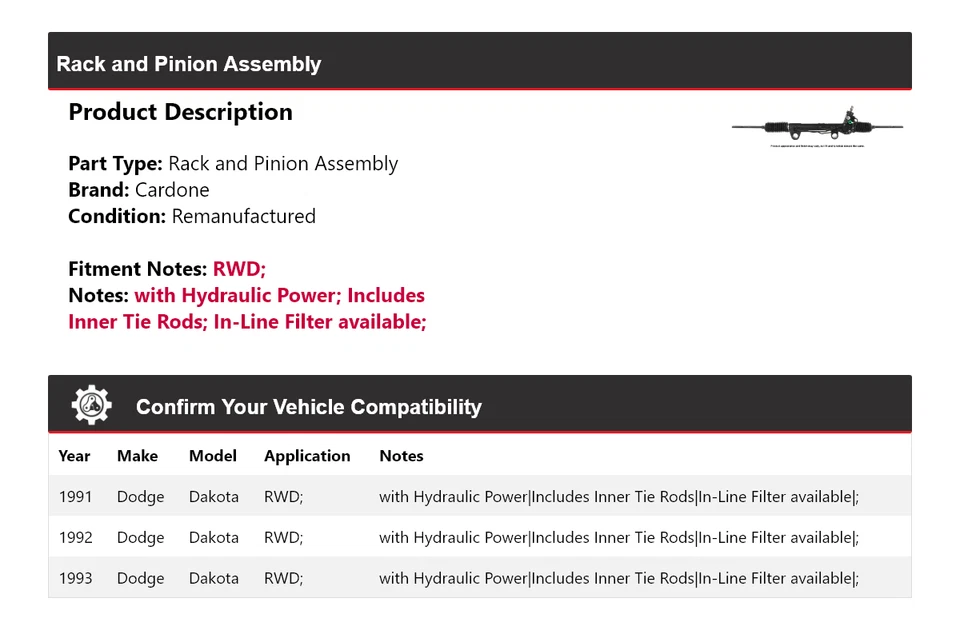 Para Dodge Dakota 1991-1993 tracción trasera montaje de piñón y cremallera Cardone 1992 Foto 2 de 4