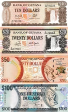 Guyana Set 10, 20, 50, 100 Dollars, Uncirculated, 4 Note Set