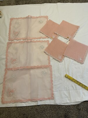 Vtg Sheer Pink Placemats And Napkins Set 3 Butterfly Embroidered Switzerland 50 