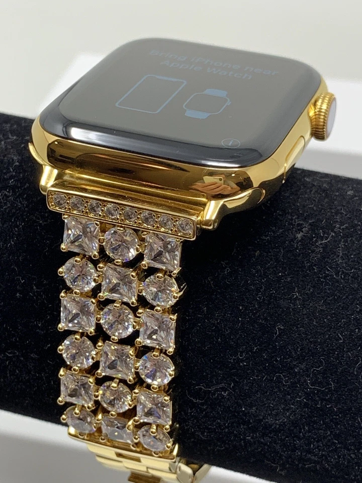 24K Gold Plated 45MM Apple Watch SERIES 9 Gold Link Band Rhinestones 3 Bands - Image 2 of 4