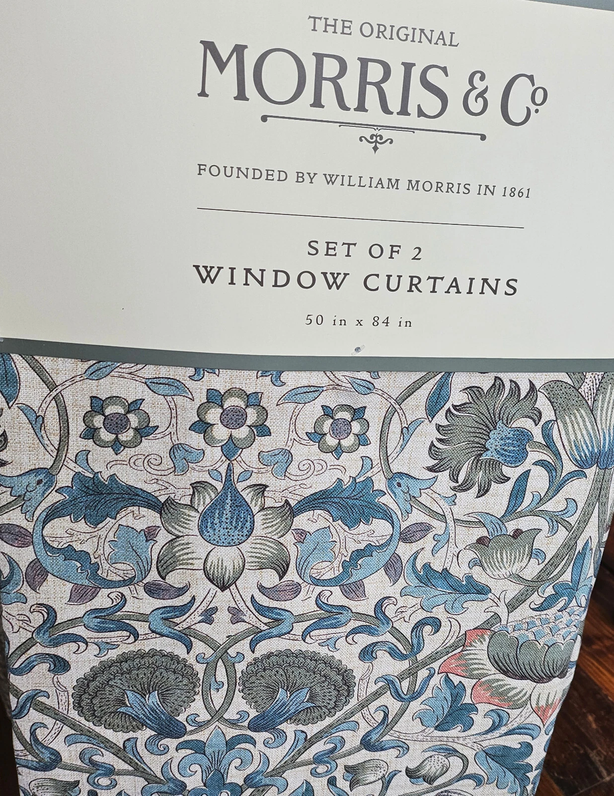 2 Curtains 50"x84" WILLIAM MORRIS England LODDEN SAGE & TEAL Linen Look 2 Panels