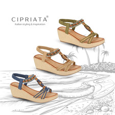 Ladies Cipriata Wedge Sandals Elasticated Halter Back Strappy Summer Embellished