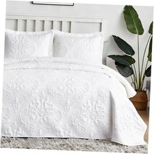 White Quilt King Size - Damask Ultrasonic All King-106"x96" White Damask