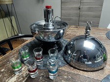 Chrome MCM Park Sherman Bowling Liquor Dispenser w 6 Banded Shot Glasses Bar Set