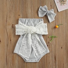 Newborn Baby Girls Outfits Striped Lace Bow Tie Jumpsuit with Headband Clothes