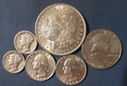 LOT 6 US SILVER COINS 1921 MORGAN SILVER DOLLAR 1963 D HALF $ 2 QUARTERS ETC