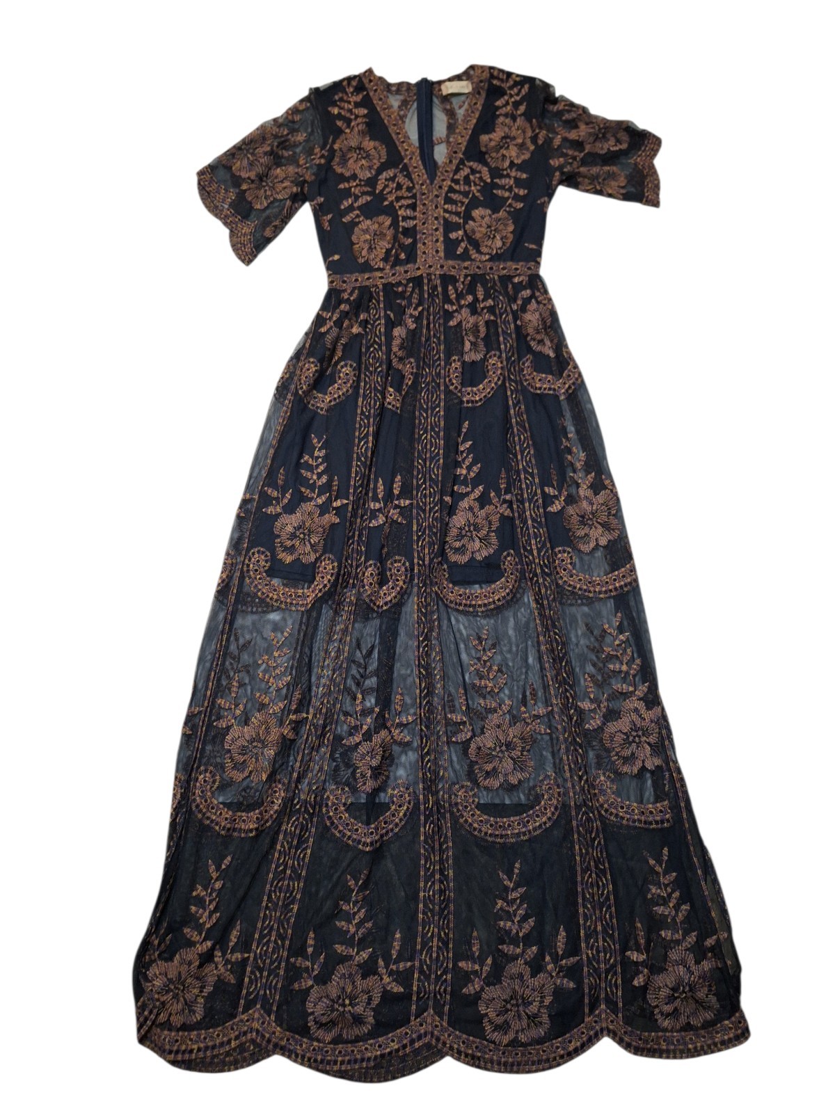 Altar’d State Mariska Boho Maxi Dress Sz Small Navy Multi Embroidery Stitched