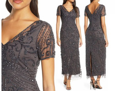 Pisarro Nights Beaded Mesh Column Gown in Slate Size 12 B645