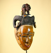 Vintage Guro Afrikanische Maske mit Widder Figur Handgeschnitzt Holz Stammesk...