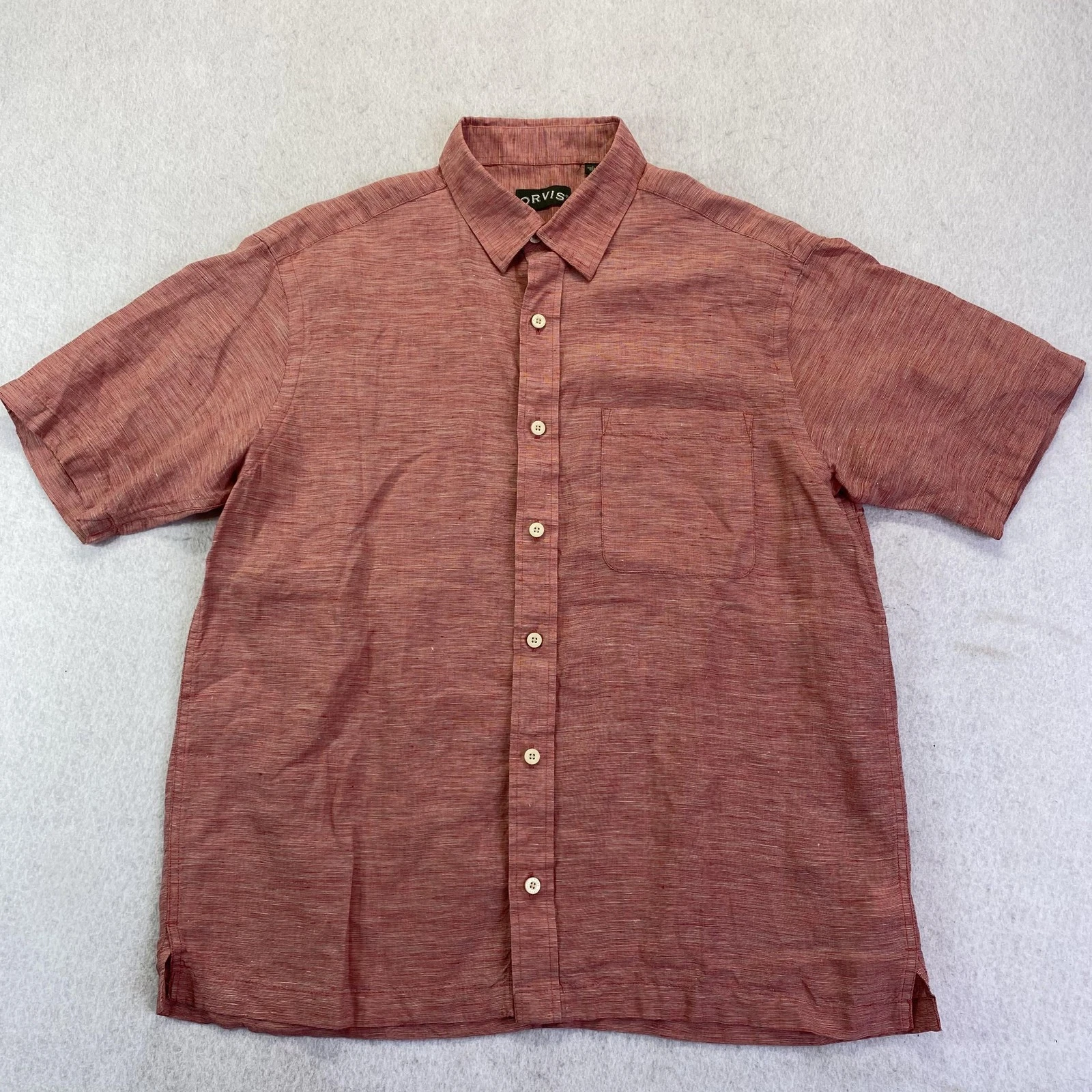 Orvis Shirt Mens Large Red 100% Linen Short Sleeve Button Front Pocket Casual