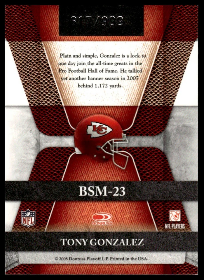 2008 Leaf Limited #BSM-23 Tony Gonzalez Banner Season #/999 - Image 2 of 2