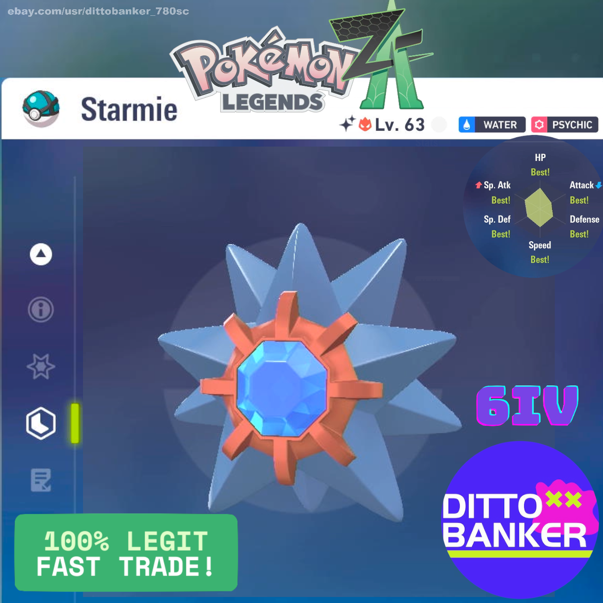 Pokemon Legends ZA✨SHINY STARMIE Lv63 ALPHA Modest/6IV FAST Tradė