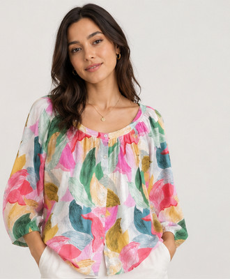 Carolina Blouse Size L XL Multicolour Floral Linen Long Sleeve Loose Fit