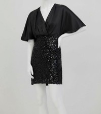Eliza J Women Black V-Neck Satin Sequin Elbow-Sleeve Dress Size 8