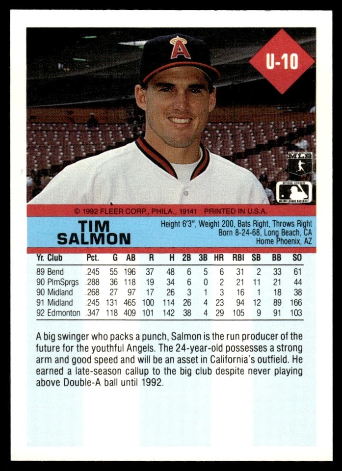 1992 Fleer Update Tim Salmon California Angels #U-10 - Image 2 of 2