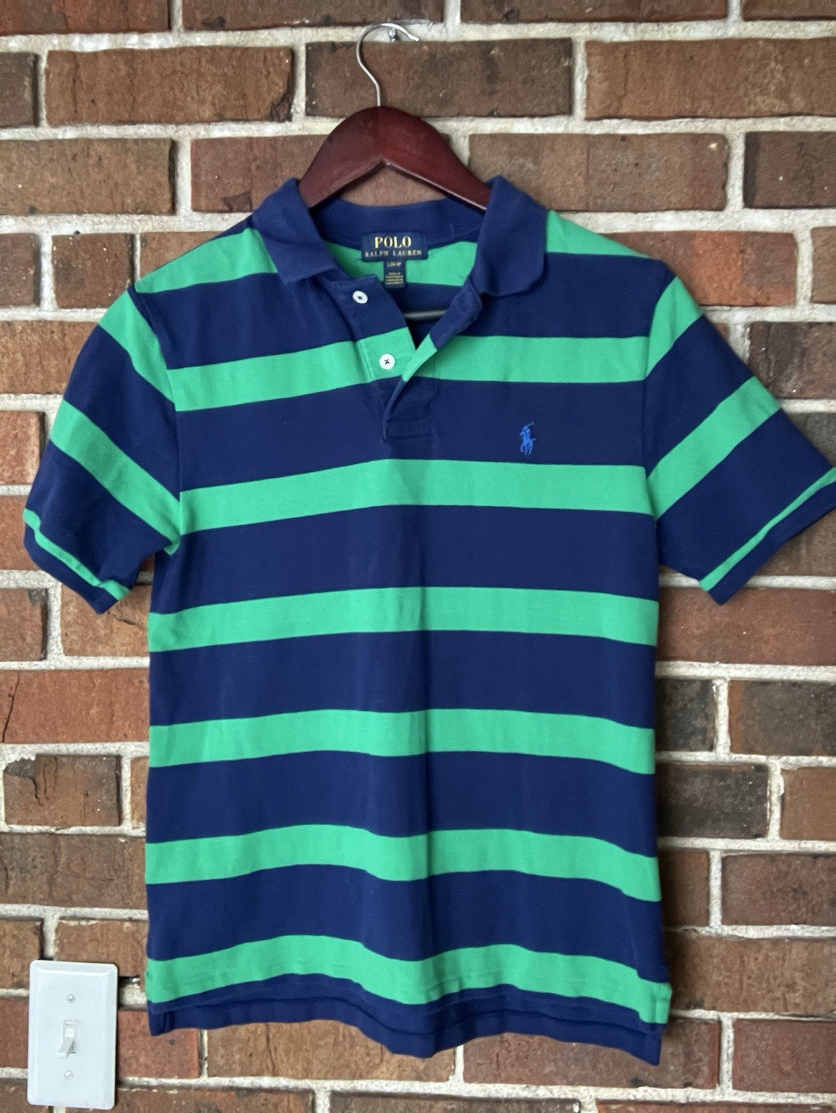 Polo Ralph Lauren camicia ragazzo L 14 16 blu verde maglia pesante piccolo pony preppy