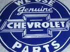 VINTAGE WE USE GENUINE CHEVROLET PARTS 6" PORCELAIN METAL CAR, GASOLINE OIL SIGN