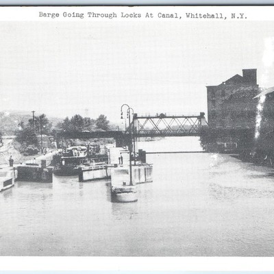 c1940s Whitehall, NY Barge Canal Locks Factory Truss Bridge PC Litho Photo A323