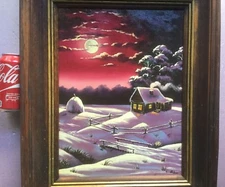 Great Russia - Russian painting by URI BRODOVSKI winter moonlite red sky & cabin