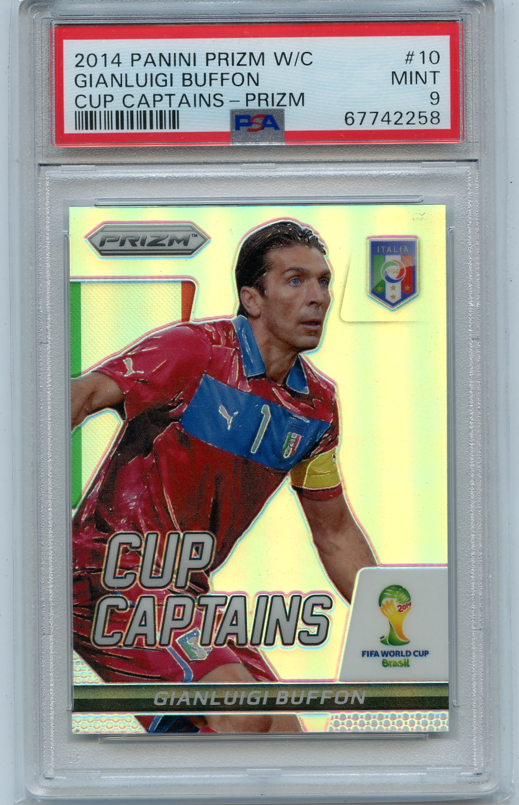 2014 PANINI PRIZM W/C SOCCER #10 GIANLUIGI BUFFON "SILVER PRIZM"- PSA 9 (258)