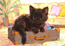 ACEO Mini *Art Print* Black Cat Kitten on a Brown Suitcase/ Travel by Saulite