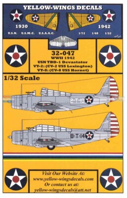 1/32 Yellow Wings Decals #32047 TBD-1 Devastator VS-2 & VT-8