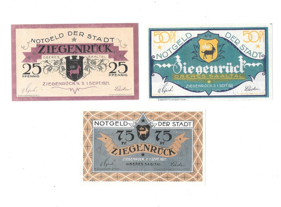 GERMANY ZIEGENRÜCK 25-50-75 PFENNIG 1921 UNC Black Serial, Emergency Issue 3C7.1 - Image 2 of 2