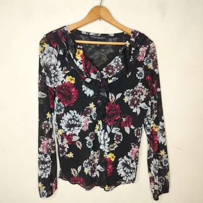 #ad White House Black Market Floral Mesh Knit Top Small Women#x27;s Stretchy Ruffled $7.49