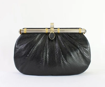 Judith Leiber Auth Vintage Black Lizard Frame Clutch Shoulder Bag Handbag - Image 1 of 4