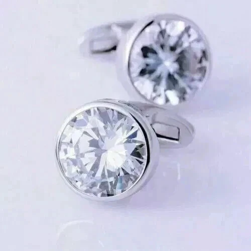 3Ct Round Cut Lab Created Diamond Solitaire Mens Cufflinks 14k White Gold Plated - Image 2 of 4