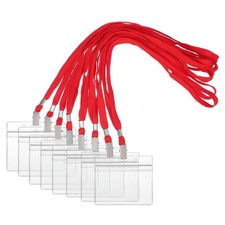 30 Set Name Tag Holders with Lanyard for Office, Red 4x2 Inch 