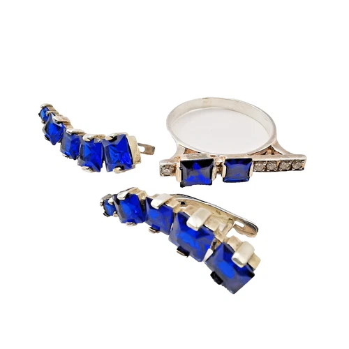 Vintage Unusual Set Earrings Ring Sterling Silver 925 , Women's Jewelry Sapphire