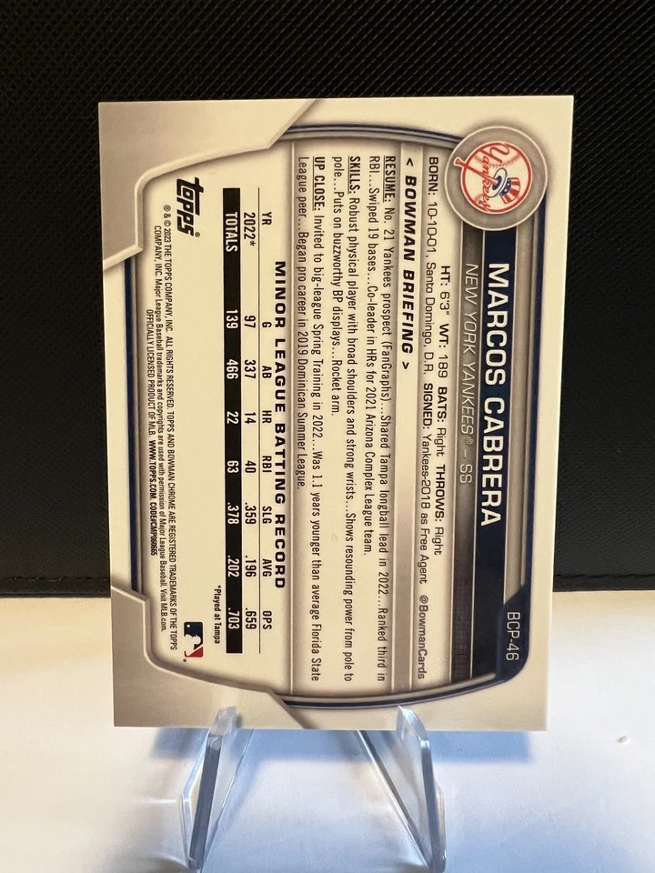 MARCOS CABRERA 2023 Bowman Chrome 1st Yellow Lunar Glow Refractor /75 Yankees - Image 2 of 3