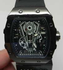 New W/ Flaws Men's 42mm Skeleton Tonneau Barrel Mille Homage Black Steel Watch