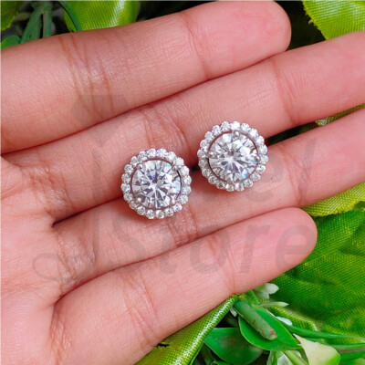 2 Kt Rund Diamant Halo Ohrstecker Damen Ohrringe Braut Hochzeit Weißgold-Finish