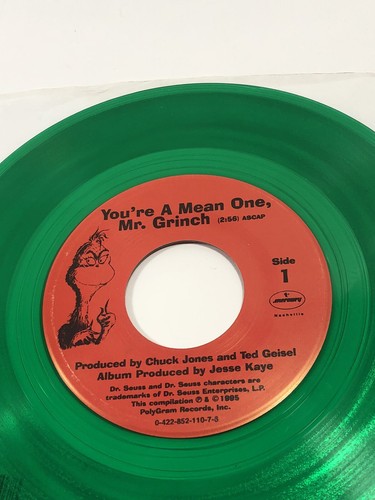 You're A Mean One Mr. Grinch 45 Record Original GREEN Vinyl w Jukebox Slip VTG - Picture 3 of 5
