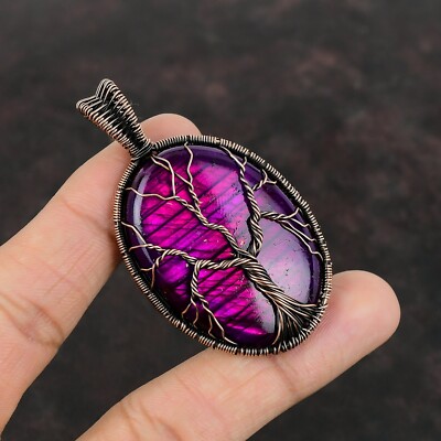 Pink Fire Labradorite Wire Wrapped Tree Of Life Handcrafted Copper Unique 2.56''
