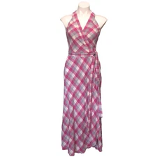 Couture Creations NY Womens XS Maxi Wrap Dress Sleeveless Pink Checks Casual