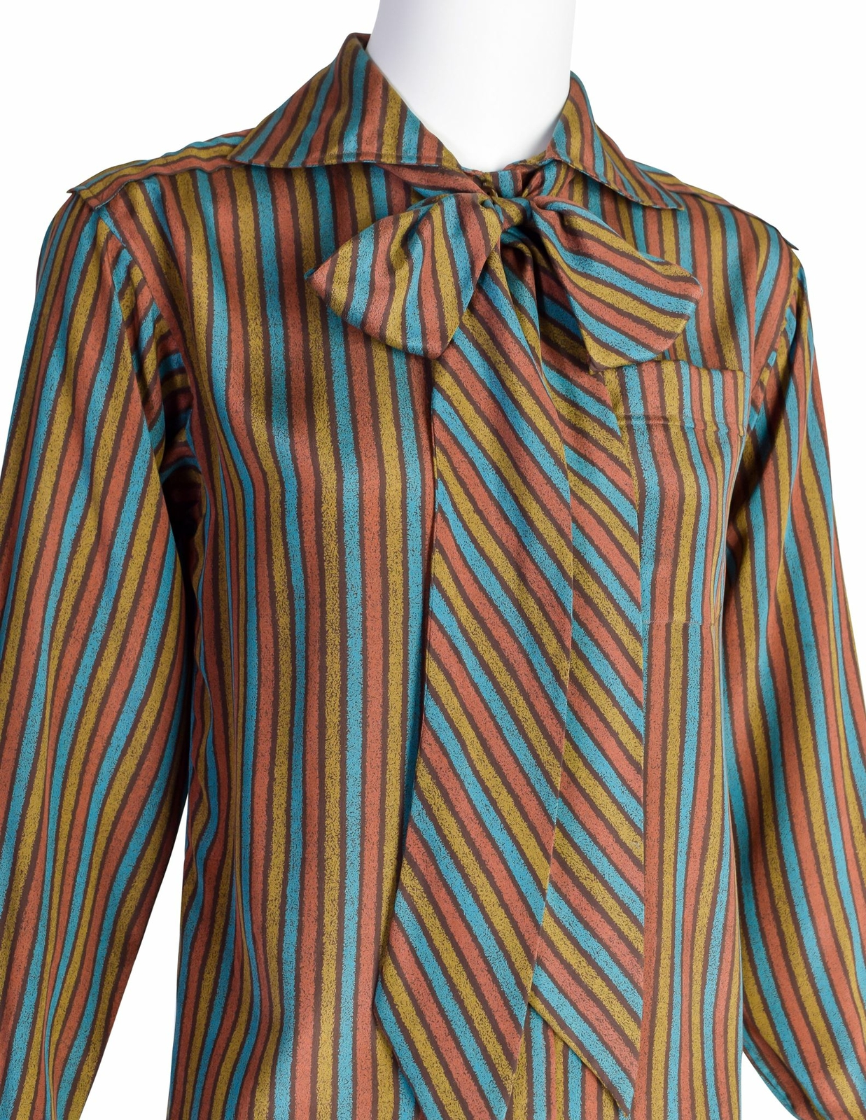 Camicia Yves Saint Laurent vintage anni '70 multicolore a righe colletto Lavalliere