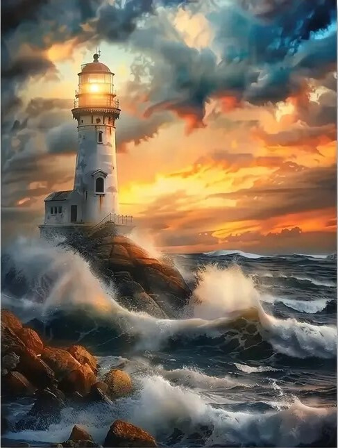 Lighthouse with Crashing Waves - Canvas Art Print - Unframed