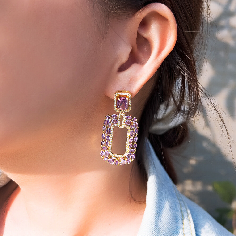 Gold Plated CZ Purple Rectangle Drop Earrings Women Cubic Zirconia Party Jewelry