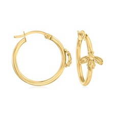 Cute Bumble Bee Round Hoop Earrings with Snap Clasp Real 14K Yellow Gold